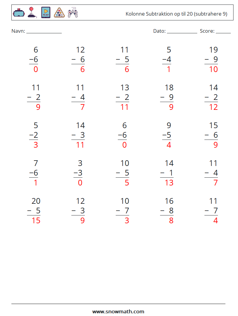 (25) Kolonne Subtraktion op til 20 (subtrahere 9) Matematiske regneark 5 Spørgsmål, svar