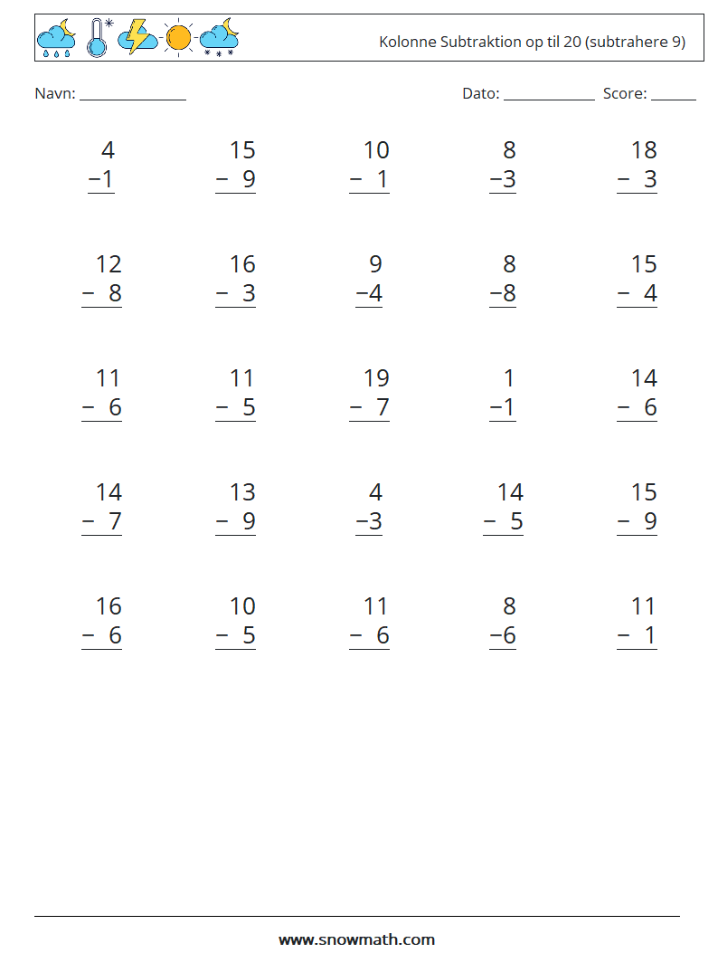 (25) Kolonne Subtraktion op til 20 (subtrahere 9) Matematiske regneark 6