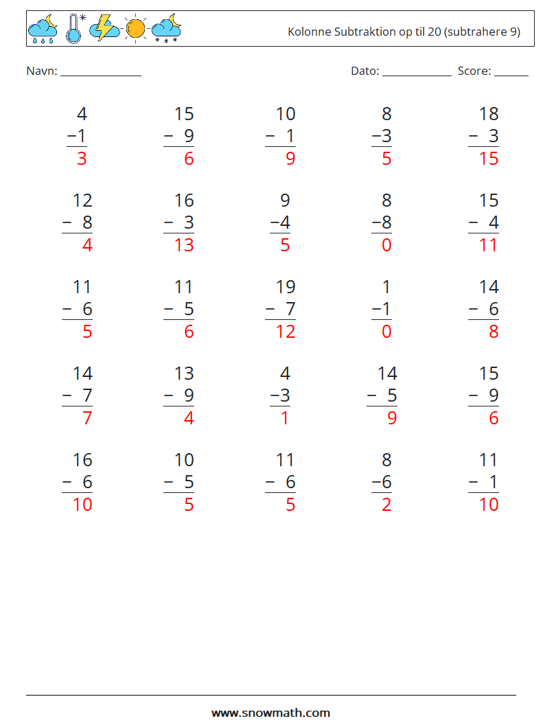 (25) Kolonne Subtraktion op til 20 (subtrahere 9) Matematiske regneark 6 Spørgsmål, svar