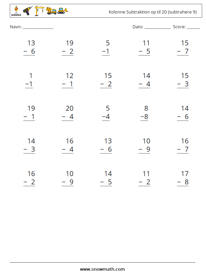 (25) Kolonne Subtraktion op til 20 (subtrahere 9) Matematiske regneark 8