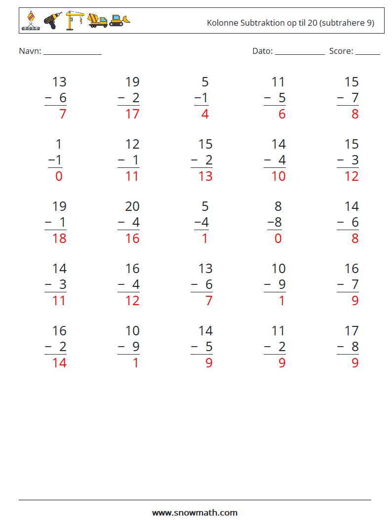 (25) Kolonne Subtraktion op til 20 (subtrahere 9) Matematiske regneark 8 Spørgsmål, svar