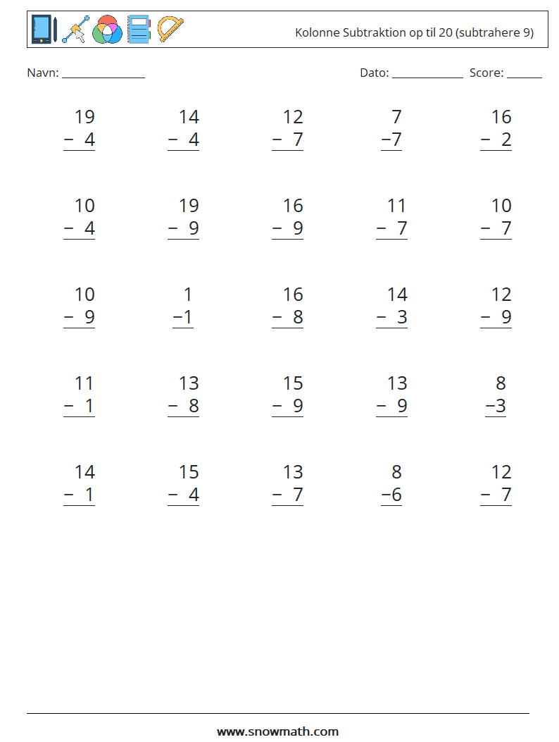 (25) Kolonne Subtraktion op til 20 (subtrahere 9) Matematiske regneark 9