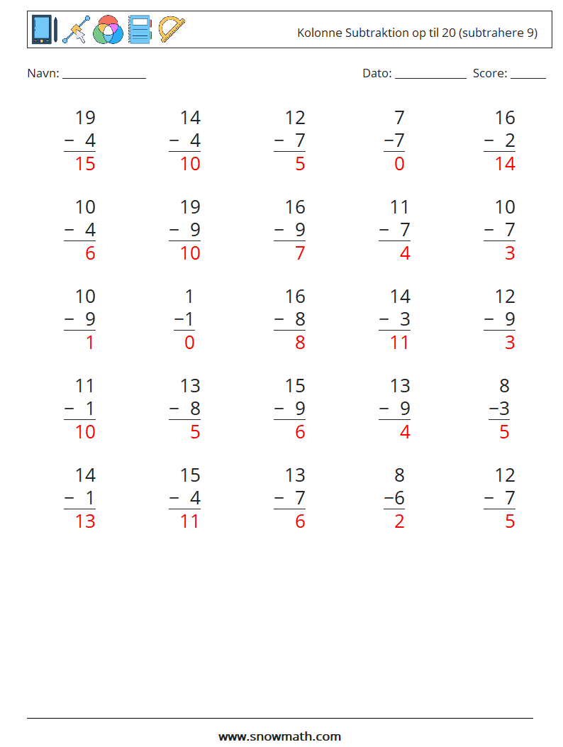 (25) Kolonne Subtraktion op til 20 (subtrahere 9) Matematiske regneark 9 Spørgsmål, svar