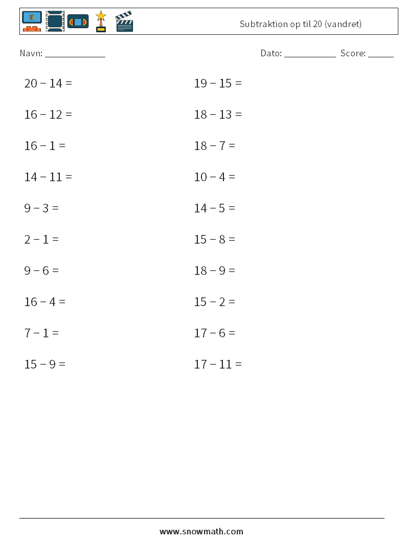 (20) Subtraktion op til 20 (vandret) Matematiske regneark 1