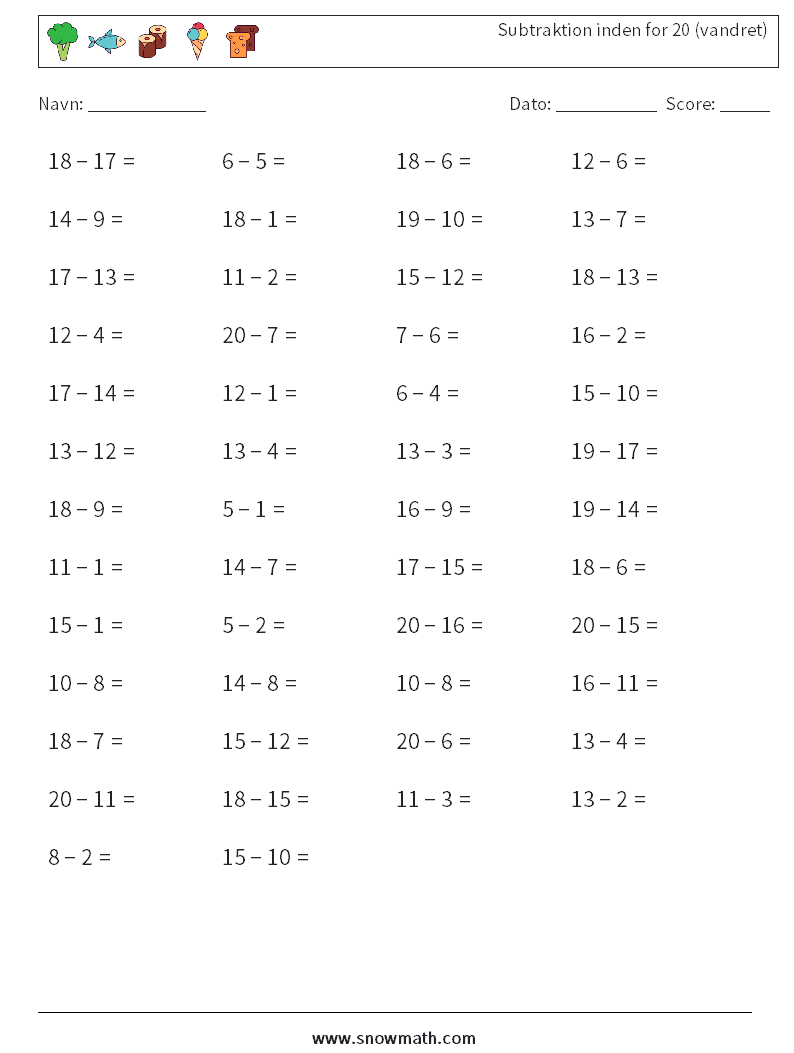 (50) Subtraktion inden for 20 (vandret) Matematiske regneark 7
