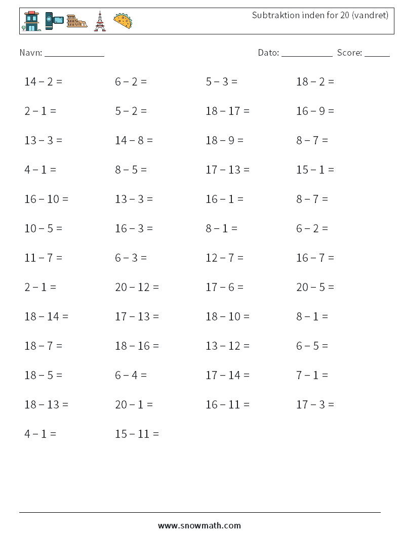 (50) Subtraktion inden for 20 (vandret) Matematiske regneark 9