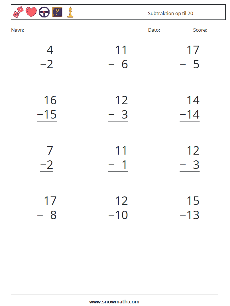 (12) Subtraktion op til 20 Matematiske regneark 1