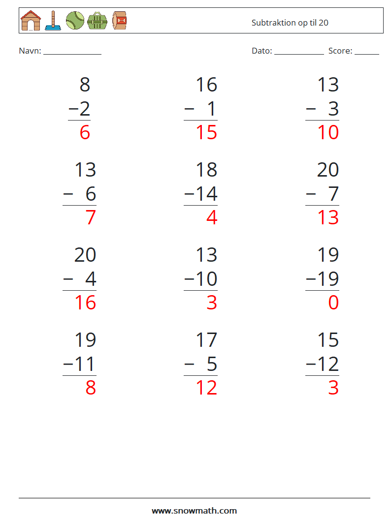 (12) Subtraktion op til 20 Matematiske regneark 10 Spørgsmål, svar