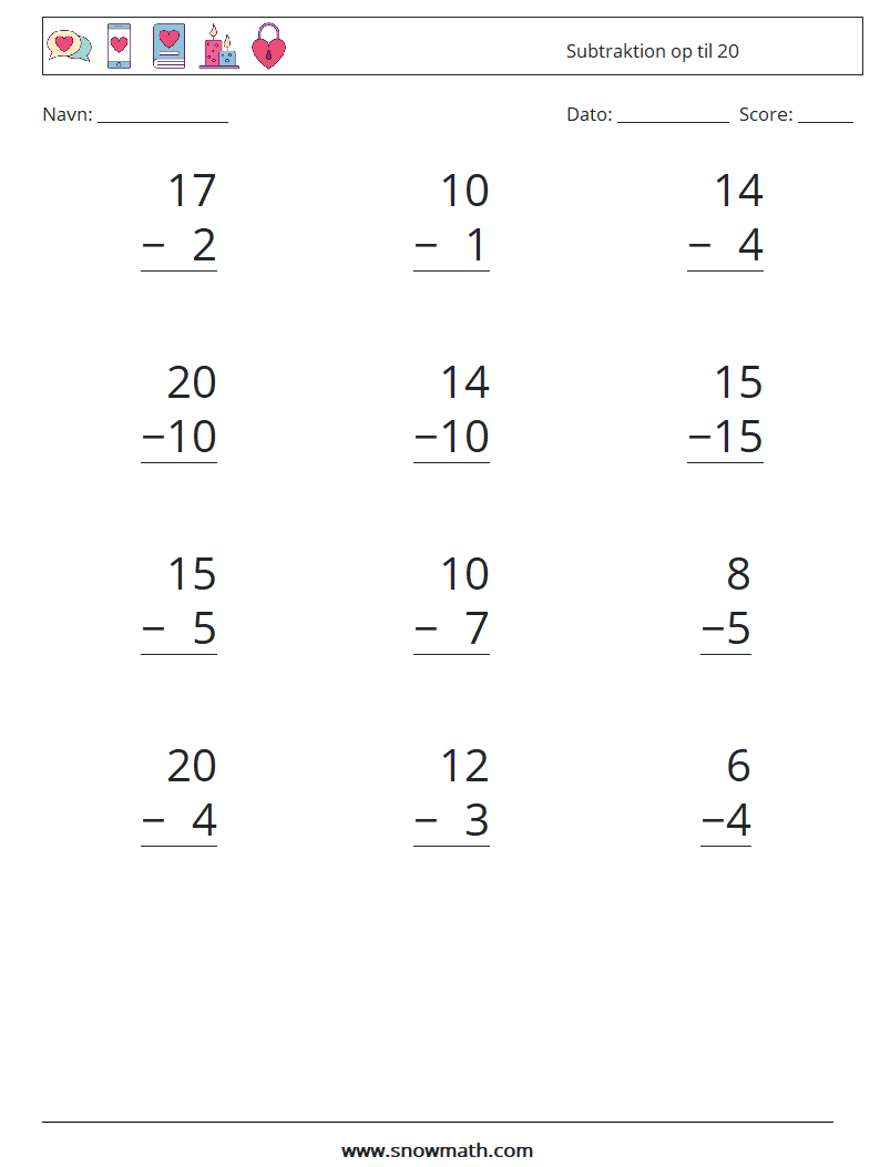(12) Subtraktion op til 20 Matematiske regneark 11