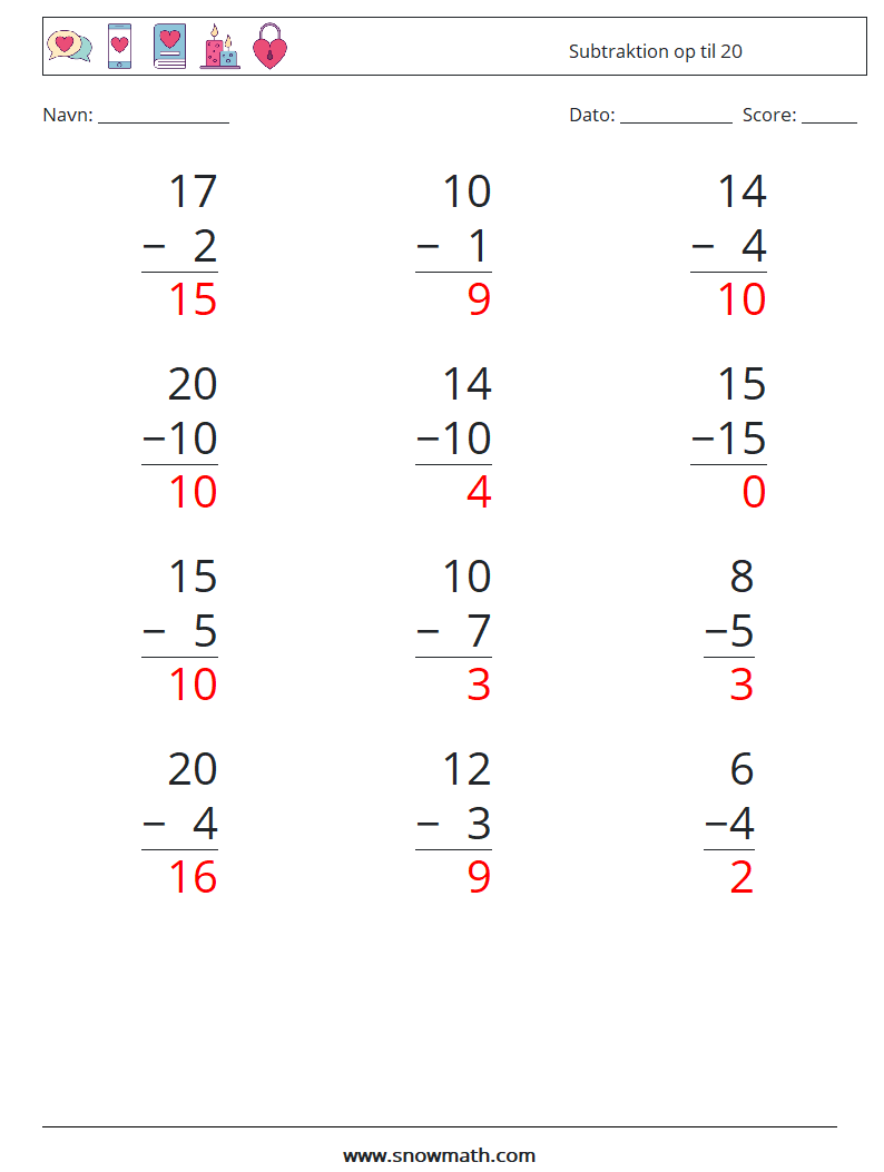 (12) Subtraktion op til 20 Matematiske regneark 11 Spørgsmål, svar