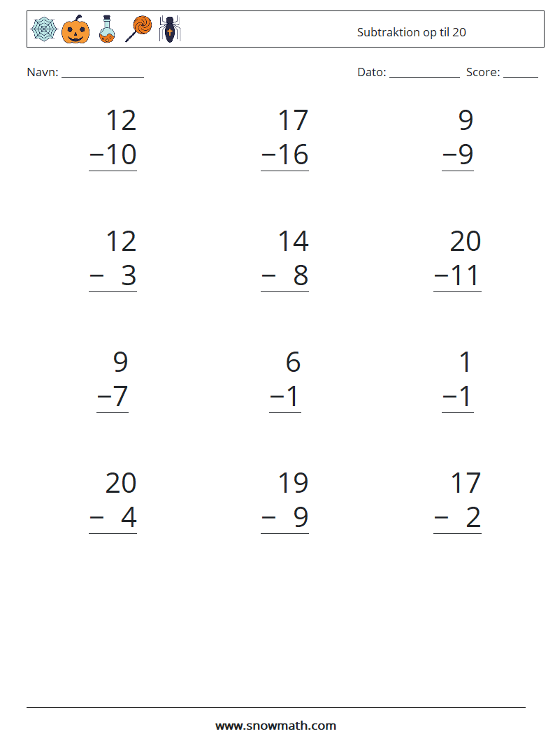 (12) Subtraktion op til 20 Matematiske regneark 12