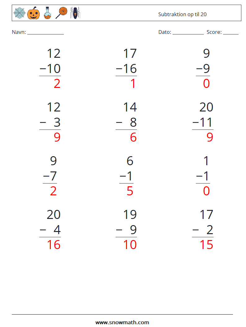 (12) Subtraktion op til 20 Matematiske regneark 12 Spørgsmål, svar
