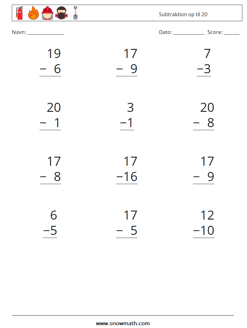 (12) Subtraktion op til 20 Matematiske regneark 13