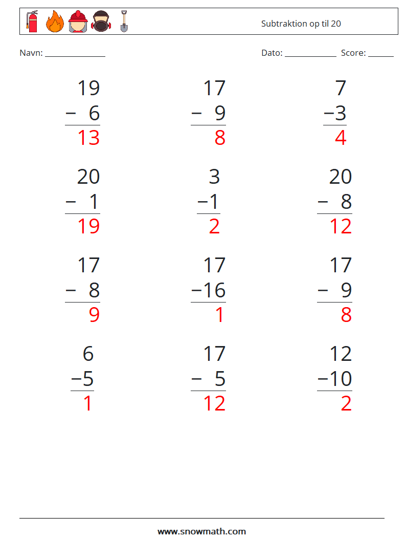 (12) Subtraktion op til 20 Matematiske regneark 13 Spørgsmål, svar