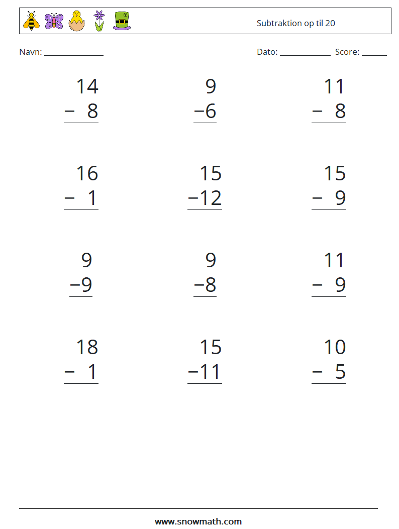 (12) Subtraktion op til 20 Matematiske regneark 14
