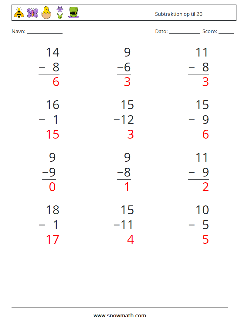 (12) Subtraktion op til 20 Matematiske regneark 14 Spørgsmål, svar