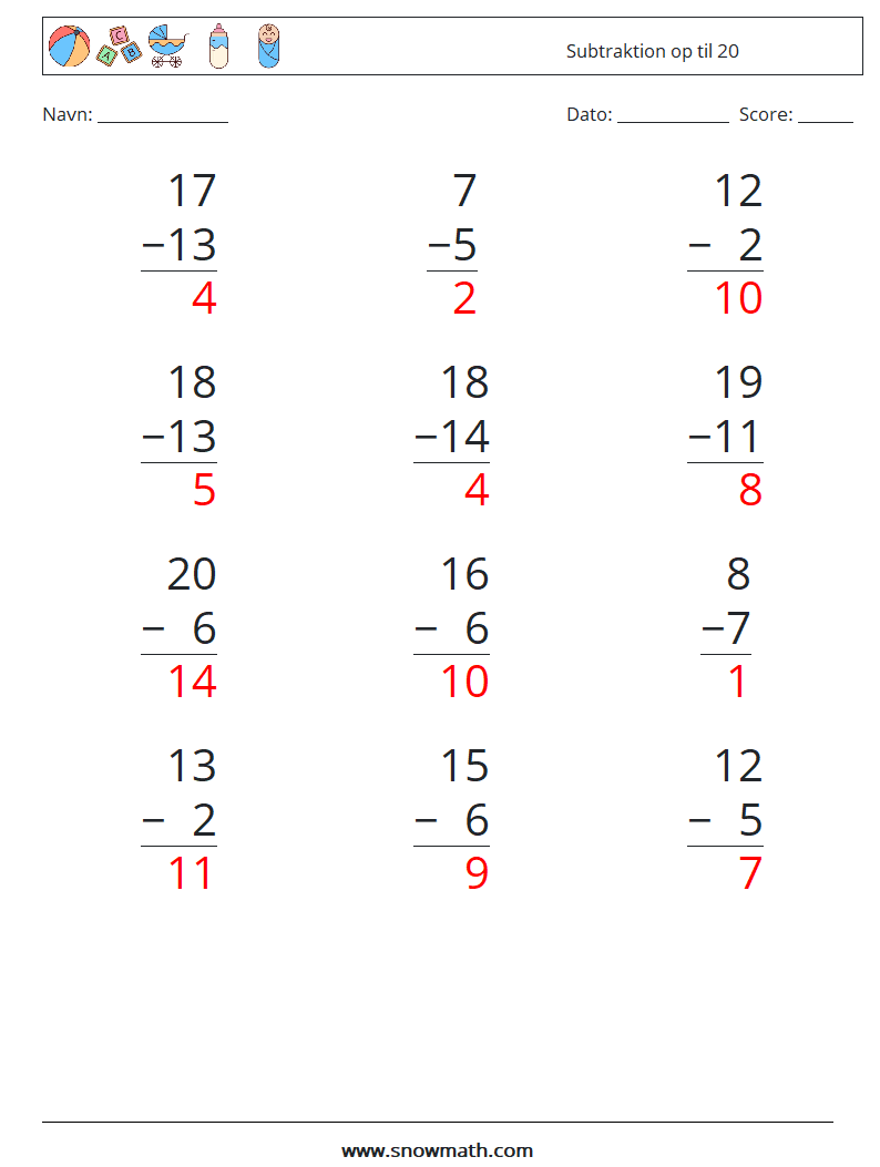 (12) Subtraktion op til 20 Matematiske regneark 15 Spørgsmål, svar