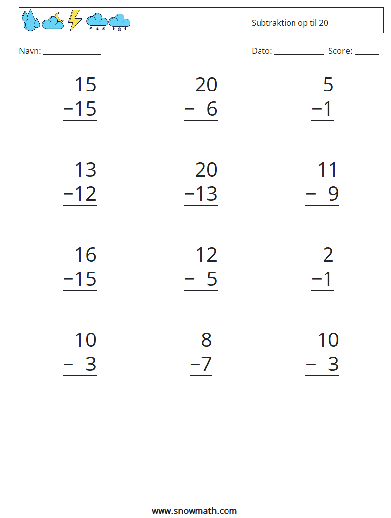 (12) Subtraktion op til 20 Matematiske regneark 16