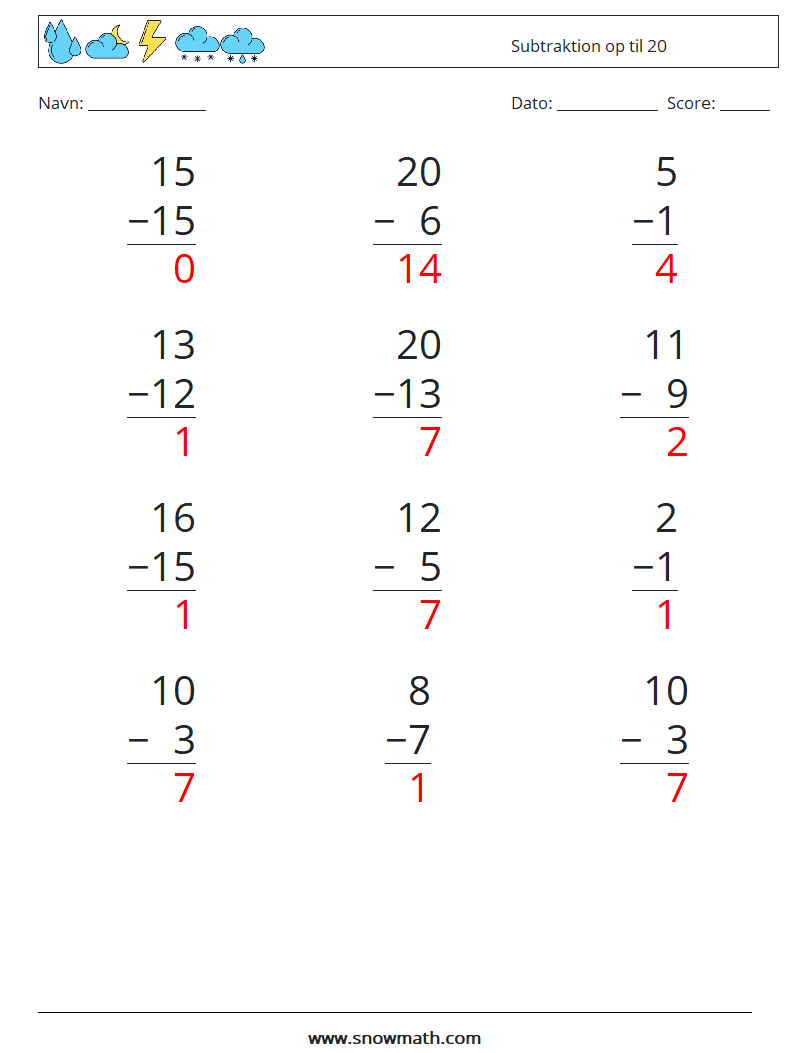 (12) Subtraktion op til 20 Matematiske regneark 16 Spørgsmål, svar
