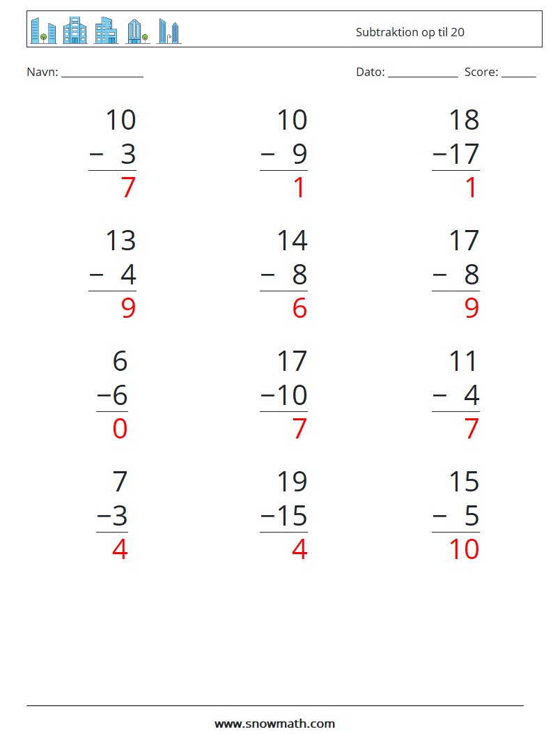(12) Subtraktion op til 20 Matematiske regneark 17 Spørgsmål, svar