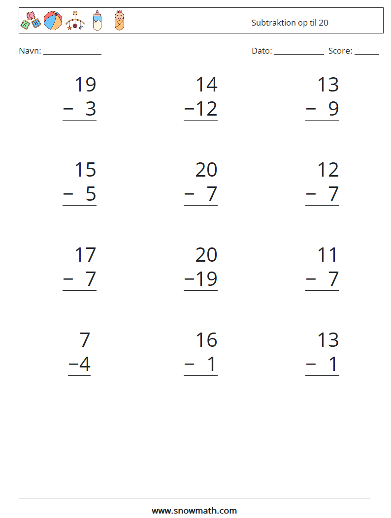 (12) Subtraktion op til 20 Matematiske regneark 18