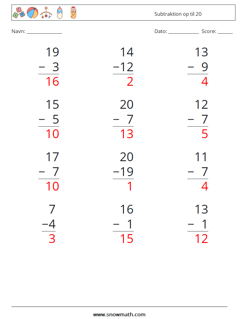 (12) Subtraktion op til 20 Matematiske regneark 18 Spørgsmål, svar