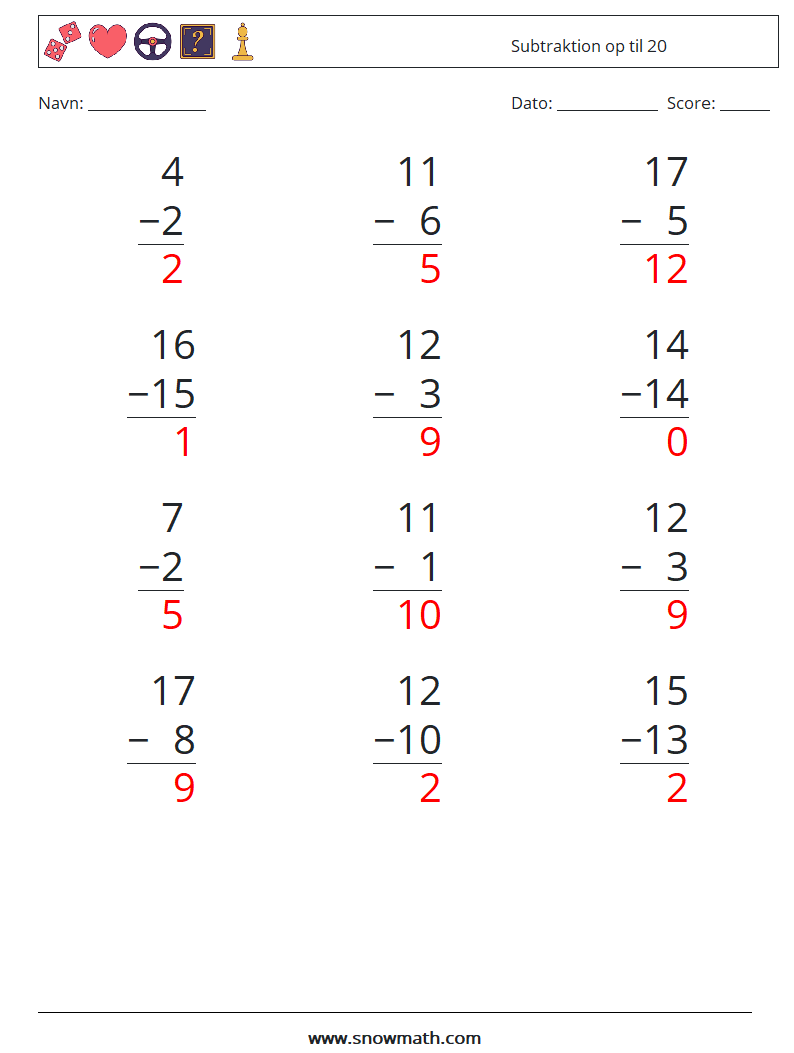 (12) Subtraktion op til 20 Matematiske regneark 1 Spørgsmål, svar