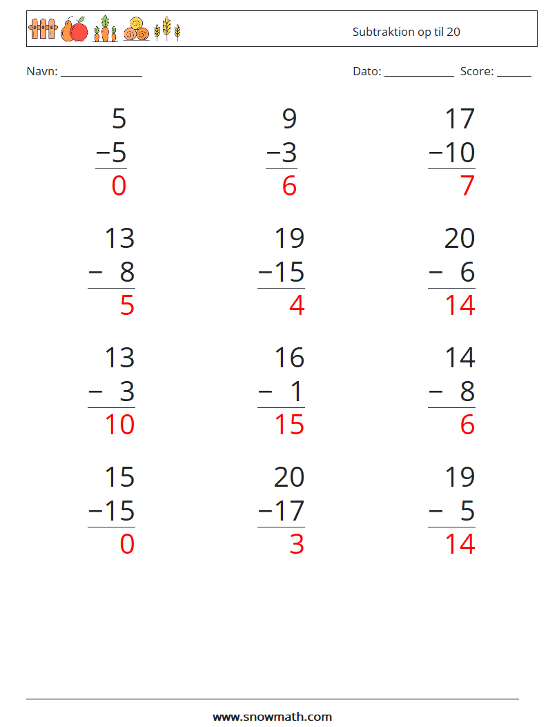 (12) Subtraktion op til 20 Matematiske regneark 2 Spørgsmål, svar