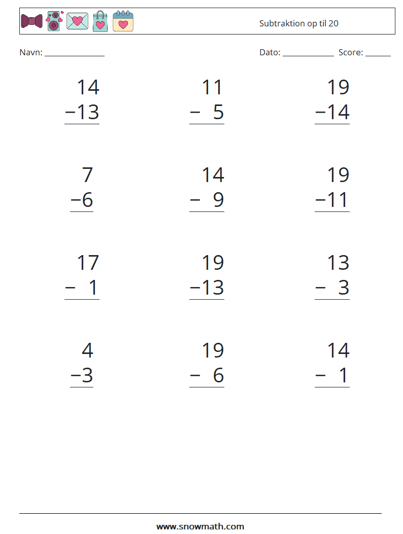 (12) Subtraktion op til 20 Matematiske regneark 3
