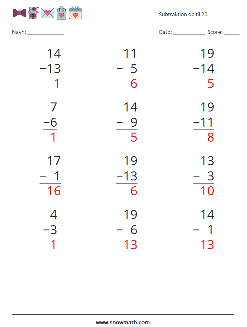 (12) Subtraktion op til 20 Matematiske regneark 3 Spørgsmål, svar