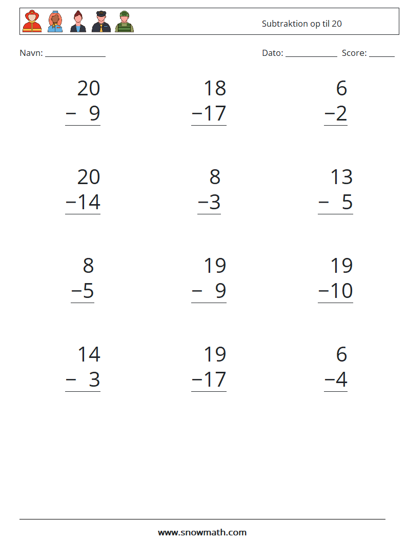 (12) Subtraktion op til 20 Matematiske regneark 4
