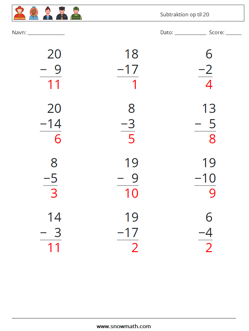 (12) Subtraktion op til 20 Matematiske regneark 4 Spørgsmål, svar