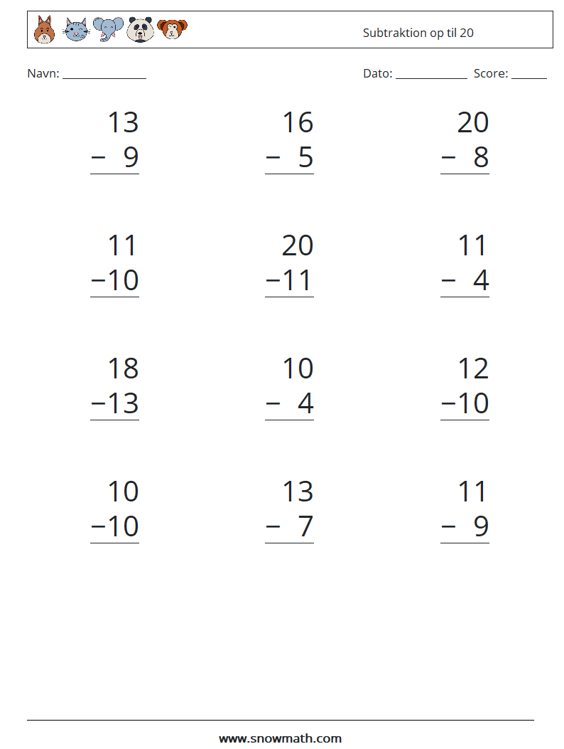(12) Subtraktion op til 20 Matematiske regneark 5