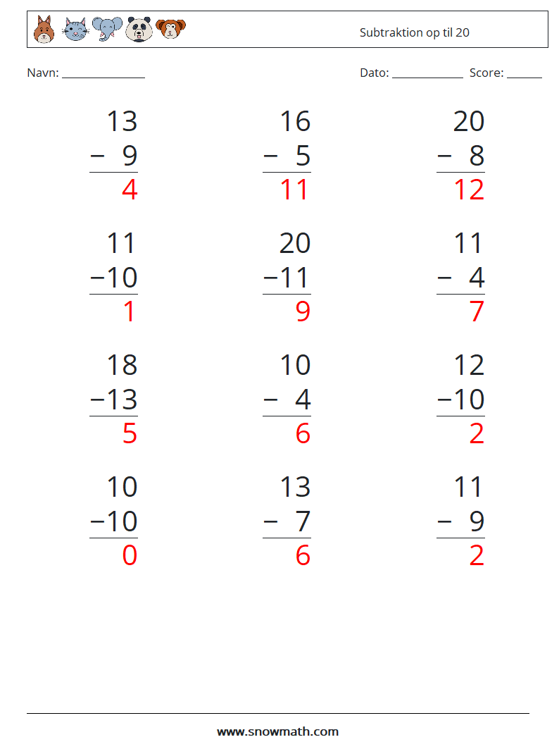 (12) Subtraktion op til 20 Matematiske regneark 5 Spørgsmål, svar