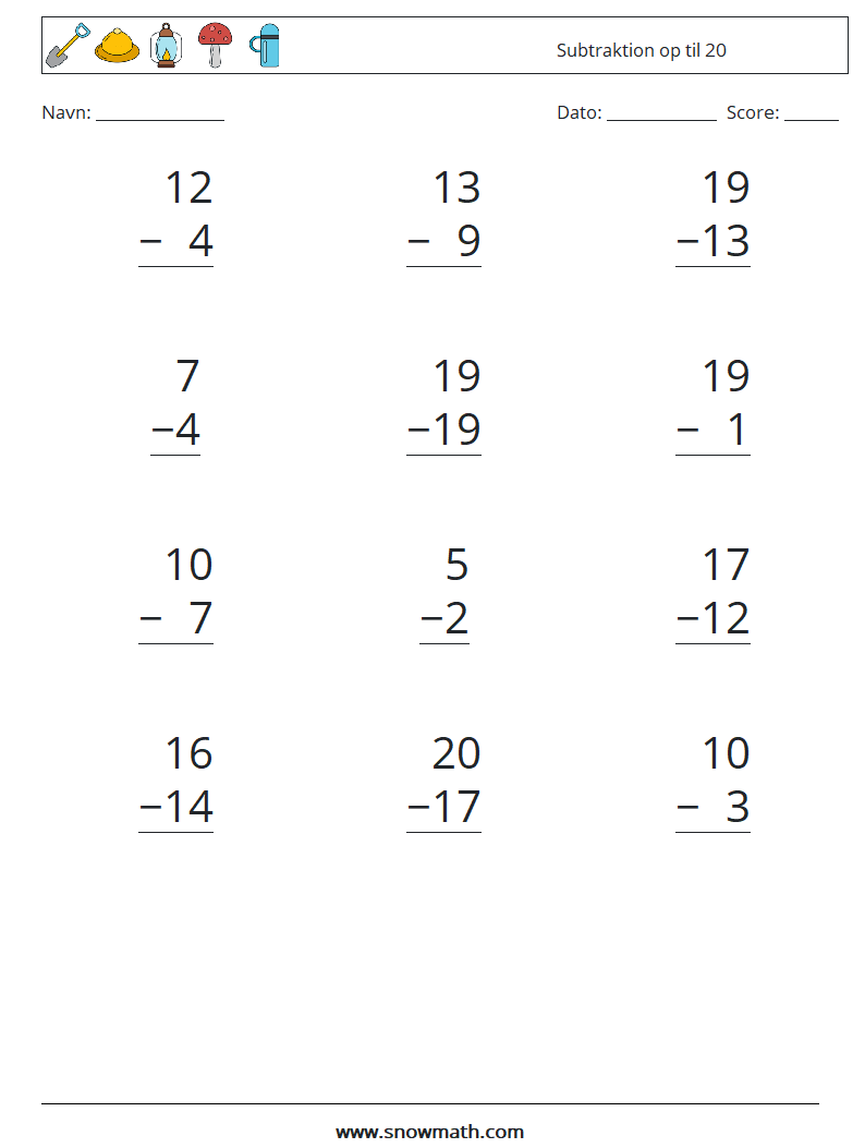 (12) Subtraktion op til 20 Matematiske regneark 6