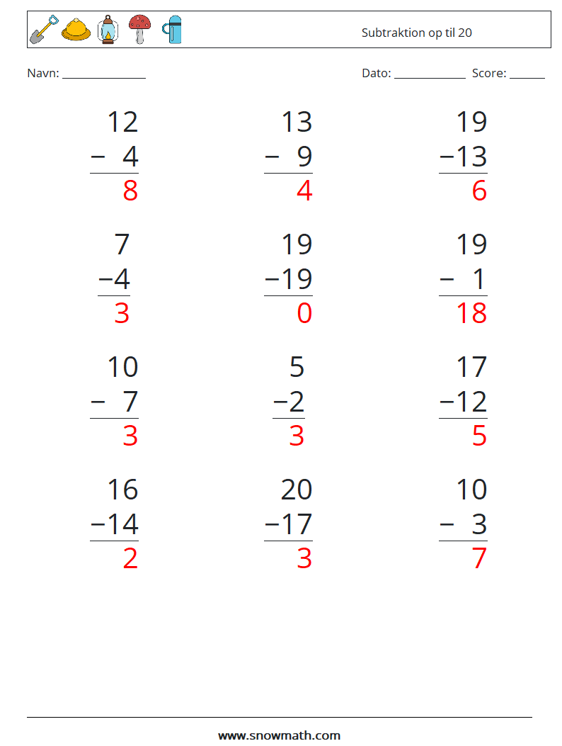 (12) Subtraktion op til 20 Matematiske regneark 6 Spørgsmål, svar
