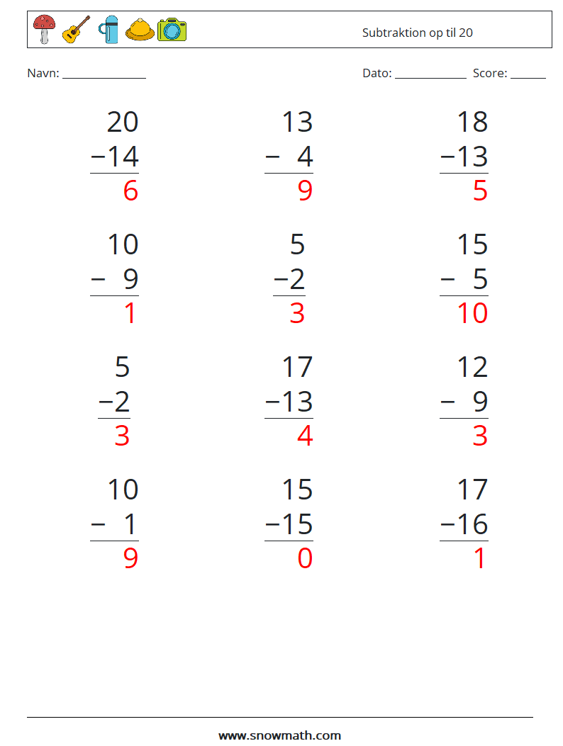 (12) Subtraktion op til 20 Matematiske regneark 7 Spørgsmål, svar