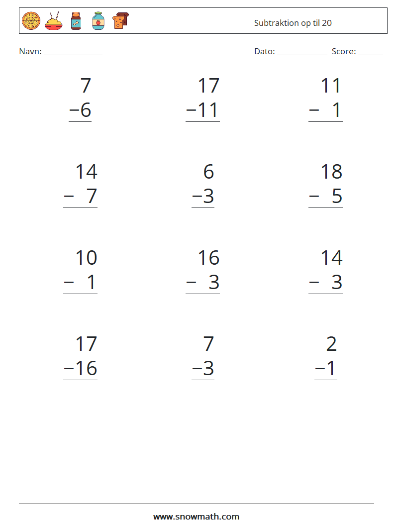 (12) Subtraktion op til 20 Matematiske regneark 8