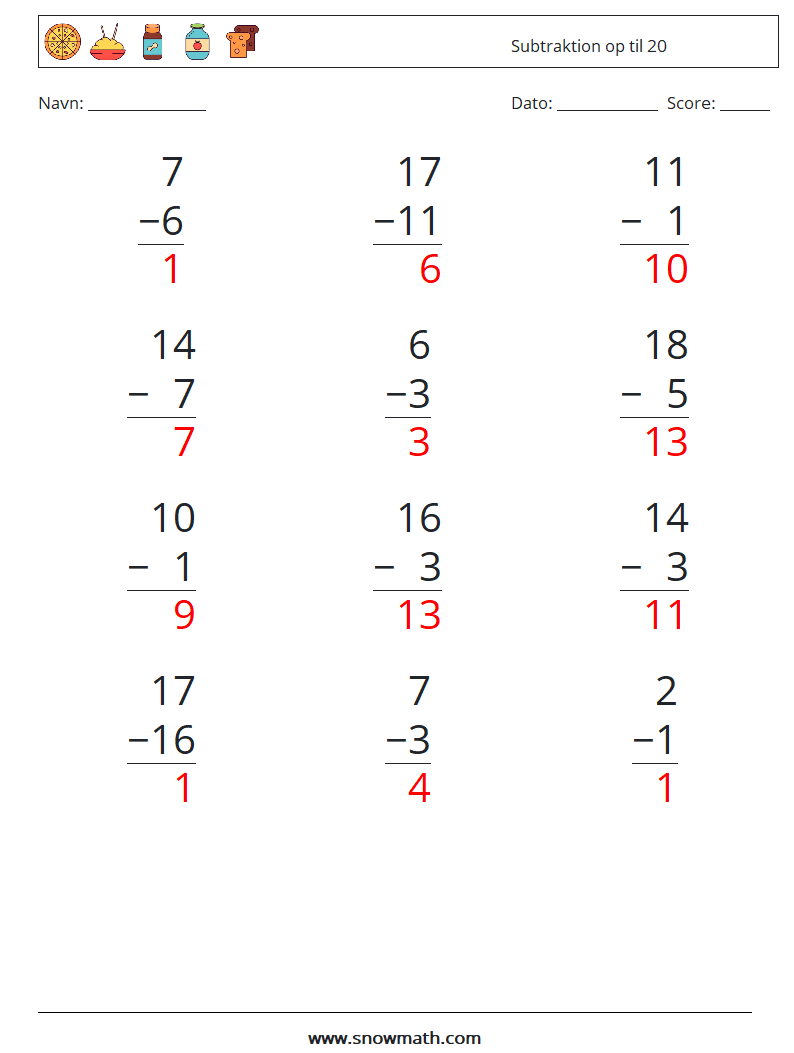 (12) Subtraktion op til 20 Matematiske regneark 8 Spørgsmål, svar
