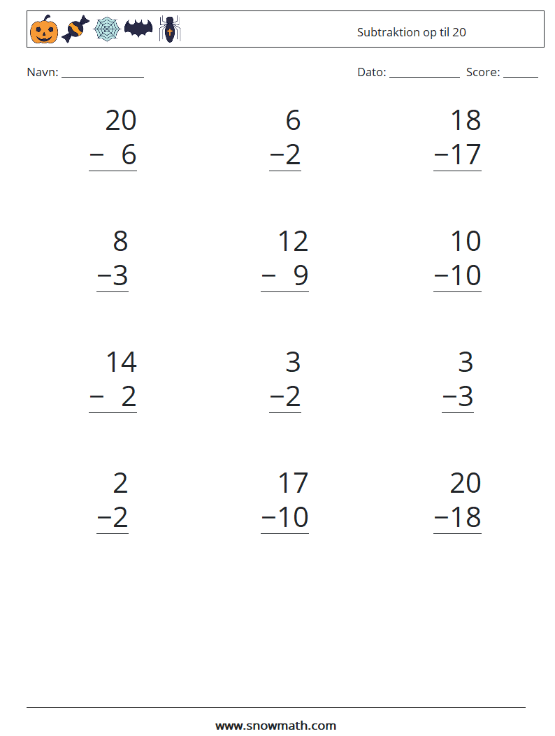(12) Subtraktion op til 20 Matematiske regneark 9