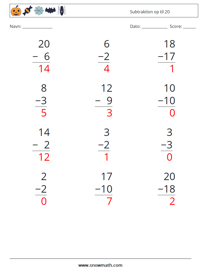 (12) Subtraktion op til 20 Matematiske regneark 9 Spørgsmål, svar