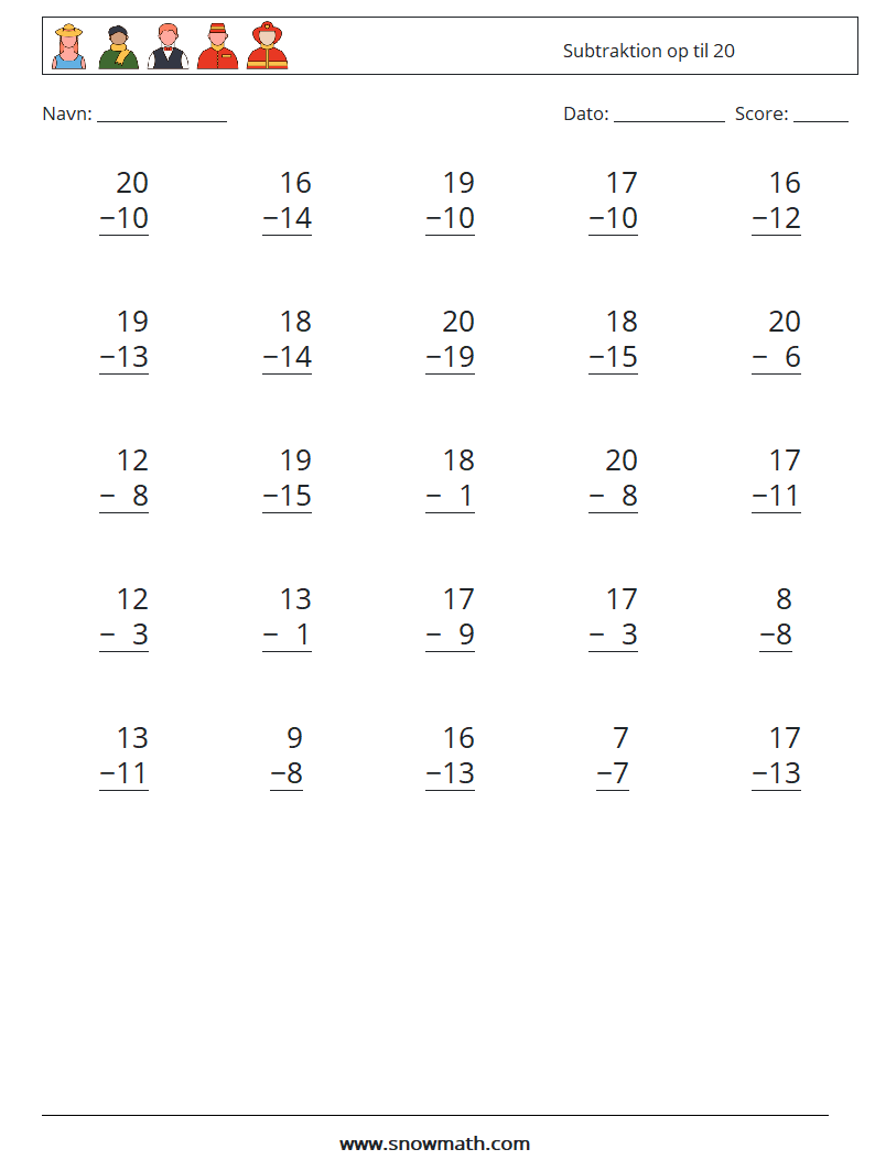 (25) Subtraktion op til 20 Matematiske regneark 1