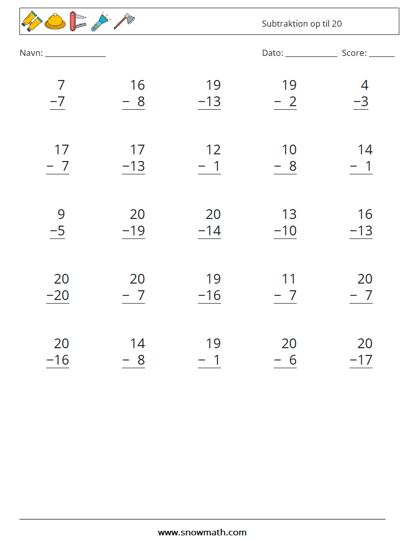 (25) Subtraktion op til 20 Matematiske regneark 10