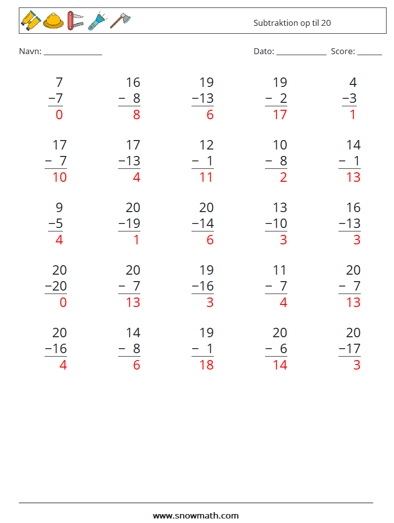 (25) Subtraktion op til 20 Matematiske regneark 10 Spørgsmål, svar
