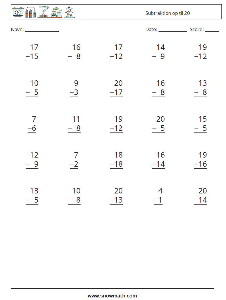 (25) Subtraktion op til 20 Matematiske regneark 11