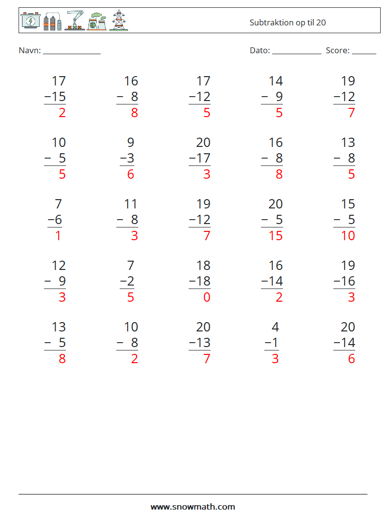 (25) Subtraktion op til 20 Matematiske regneark 11 Spørgsmål, svar