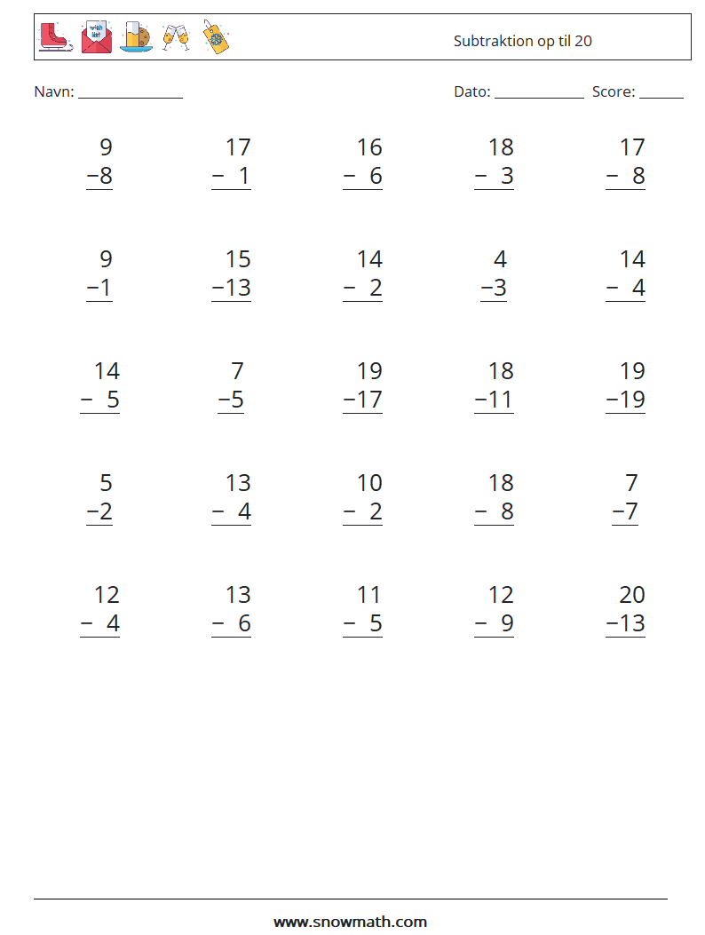 (25) Subtraktion op til 20 Matematiske regneark 12