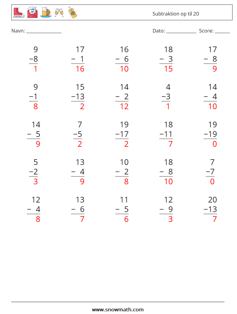 (25) Subtraktion op til 20 Matematiske regneark 12 Spørgsmål, svar