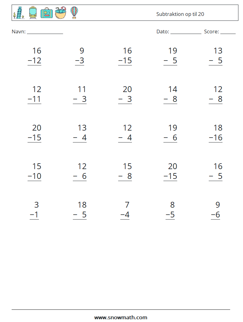 (25) Subtraktion op til 20 Matematiske regneark 13