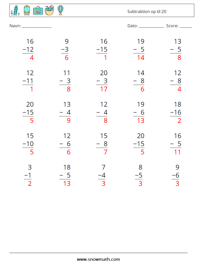(25) Subtraktion op til 20 Matematiske regneark 13 Spørgsmål, svar